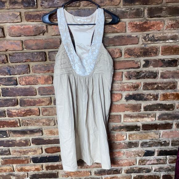 Molly Tan Linen Sleeveless Lace V-Neck Mini Dress Women's Size 8 - Picture 1 of 6